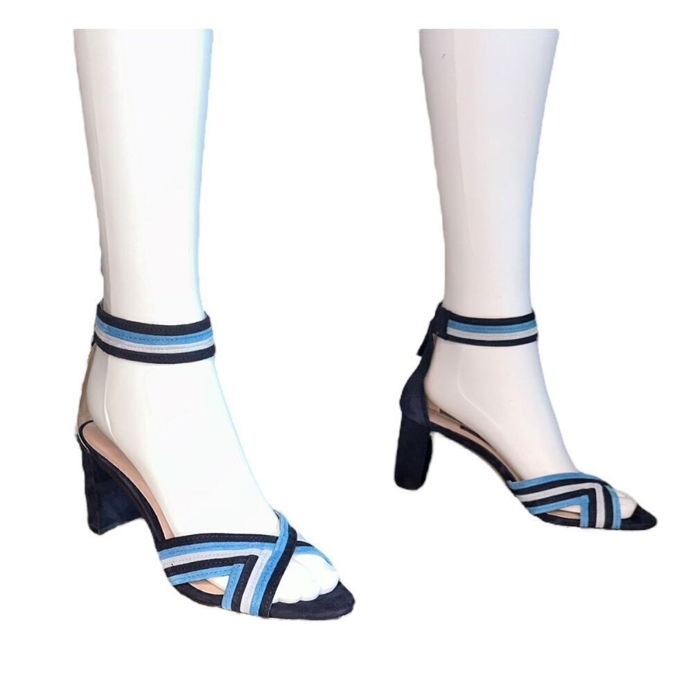 NINE WEST Womens 7.5 Pearl Striped Blue Suede Strappy Block Heeled Sanda…​​